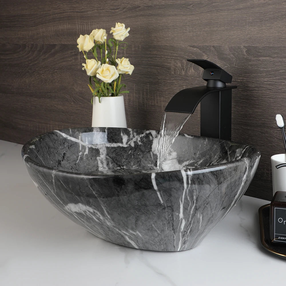 Kemaidi Oval Vessel Sink Faucet White Marbling Bathroom