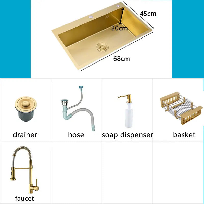 Gold Kitchens Sink Nano Handmade 304 Stainless Steel