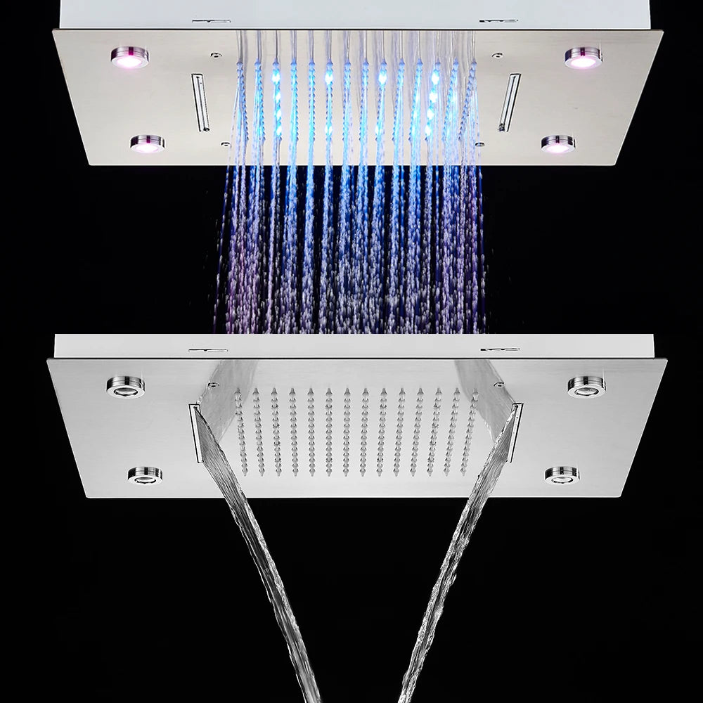 Black Led Thermostatic Bathroom Shower Faucet Rain Waterfall
