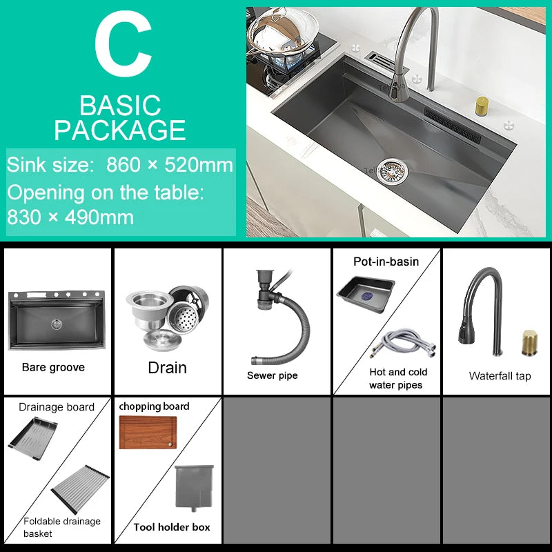 Sink Stainless Steel Large Slot Waterfall Faucet Dishwashing