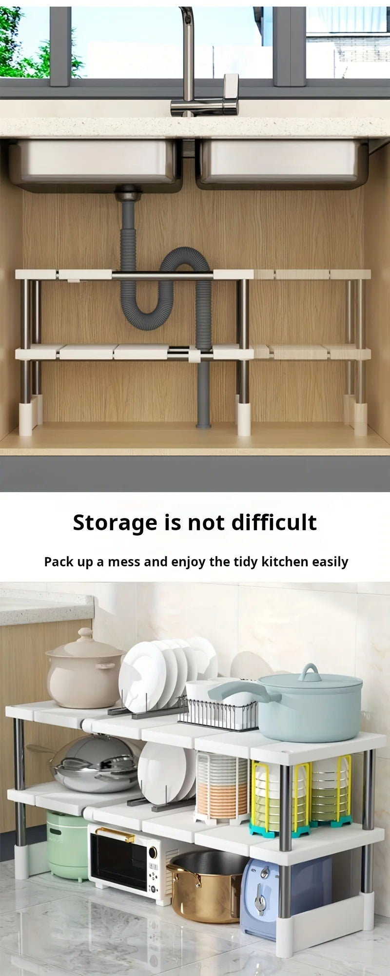 Adjustable Under Sink Storage Rack Expandable Bathroom Cabinet