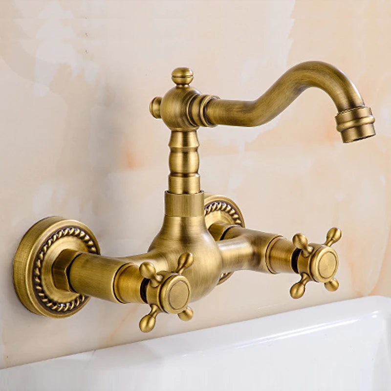 Antique Brass Wall Mounted Bathroom Sink Faucet 360