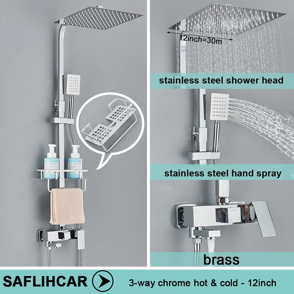 Black/Chrome Brass Shower Faucets Rainfall Shower Shelf Cold