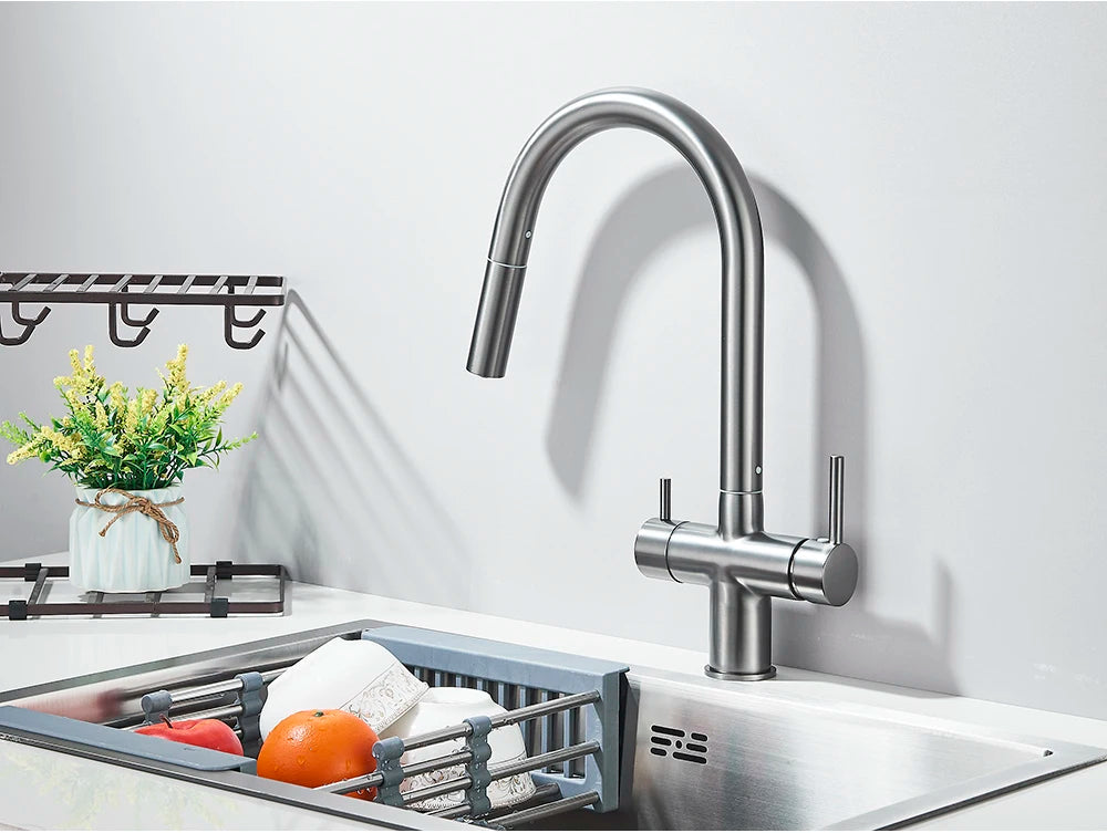 Brushed Gold Water Filter Faucet Dual Spout Pure