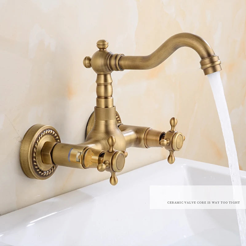 Antique Brass Wall Mounted Bathroom Sink Faucet 360