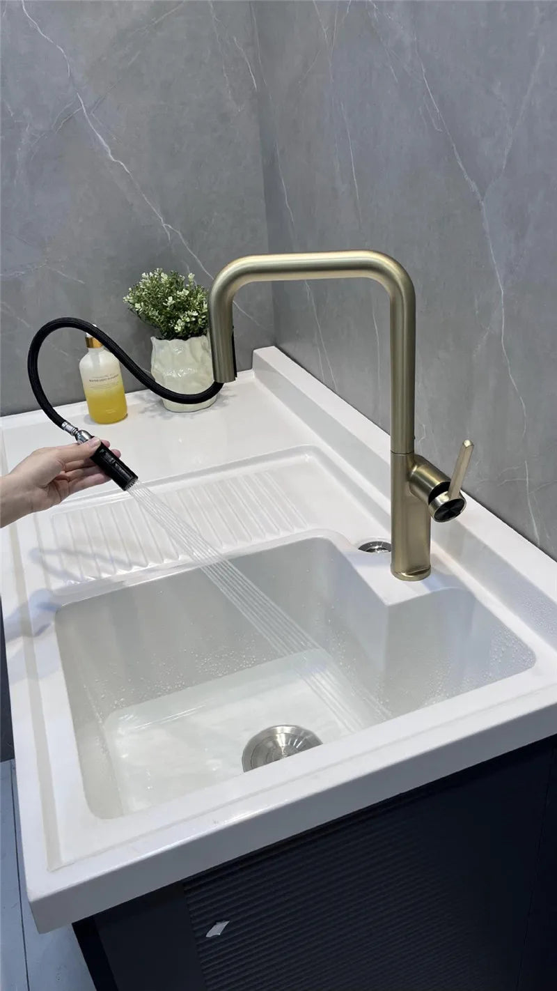 Brushed Gold Pull Out Faucets Brass Rose Gold