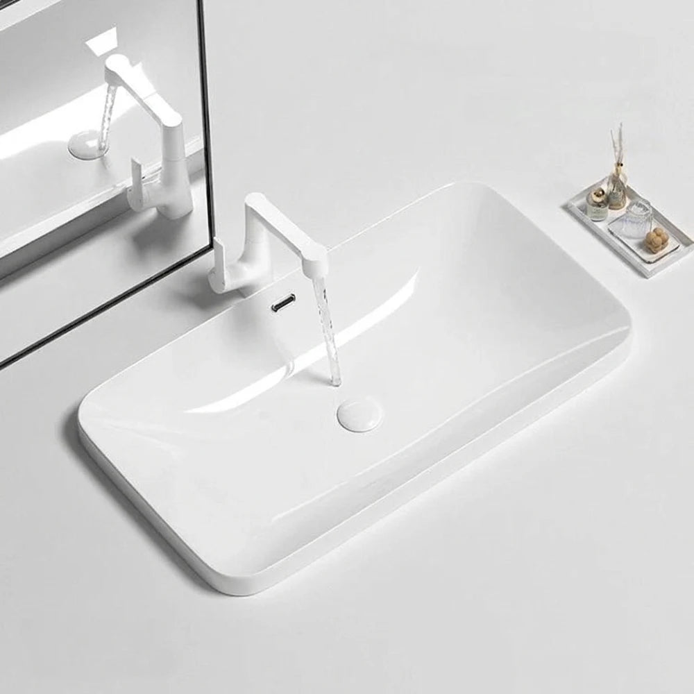 Rectangular Semi Recessed Ceramic Wash Basin Bathroom Countertop