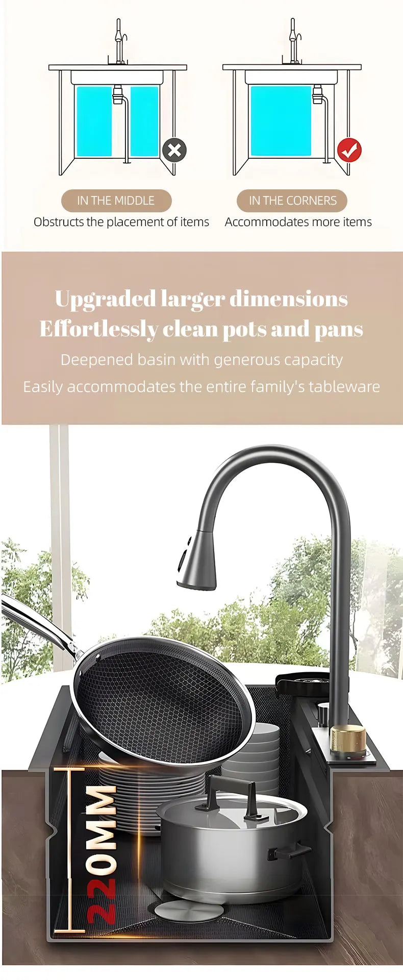 Double Waterfall Mode Large Capacity Sink Double-Track