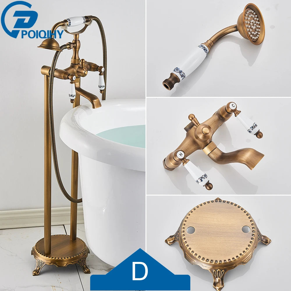 Antique Brass Floor Mounted Bathtub Shower Faucet Dual