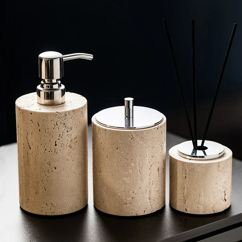 Beige Travertine Bathroom Natural Marble Soap Dispenser Reed
