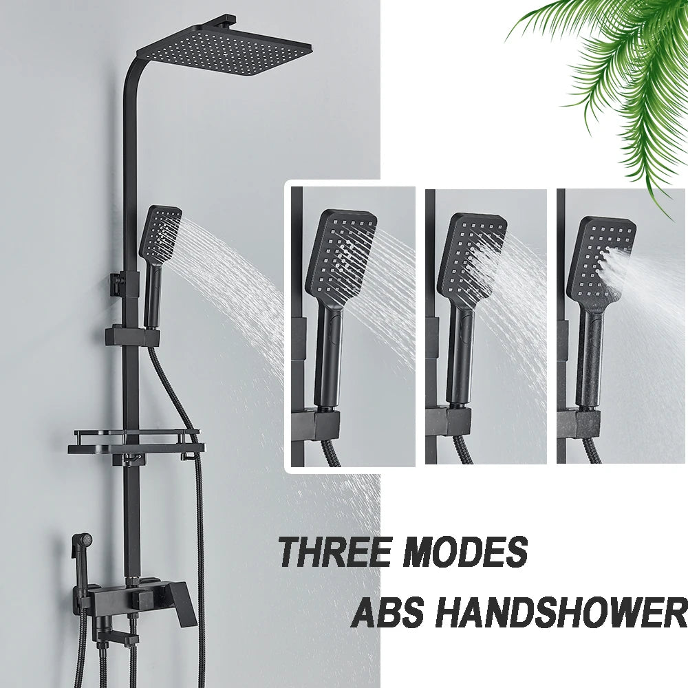 Black Brass Shower Faucet Rainfall Bathtub Tap Bathroom