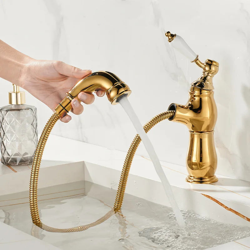 Gold Bathroom Ceramic Handle Basin Faucets Pull Out