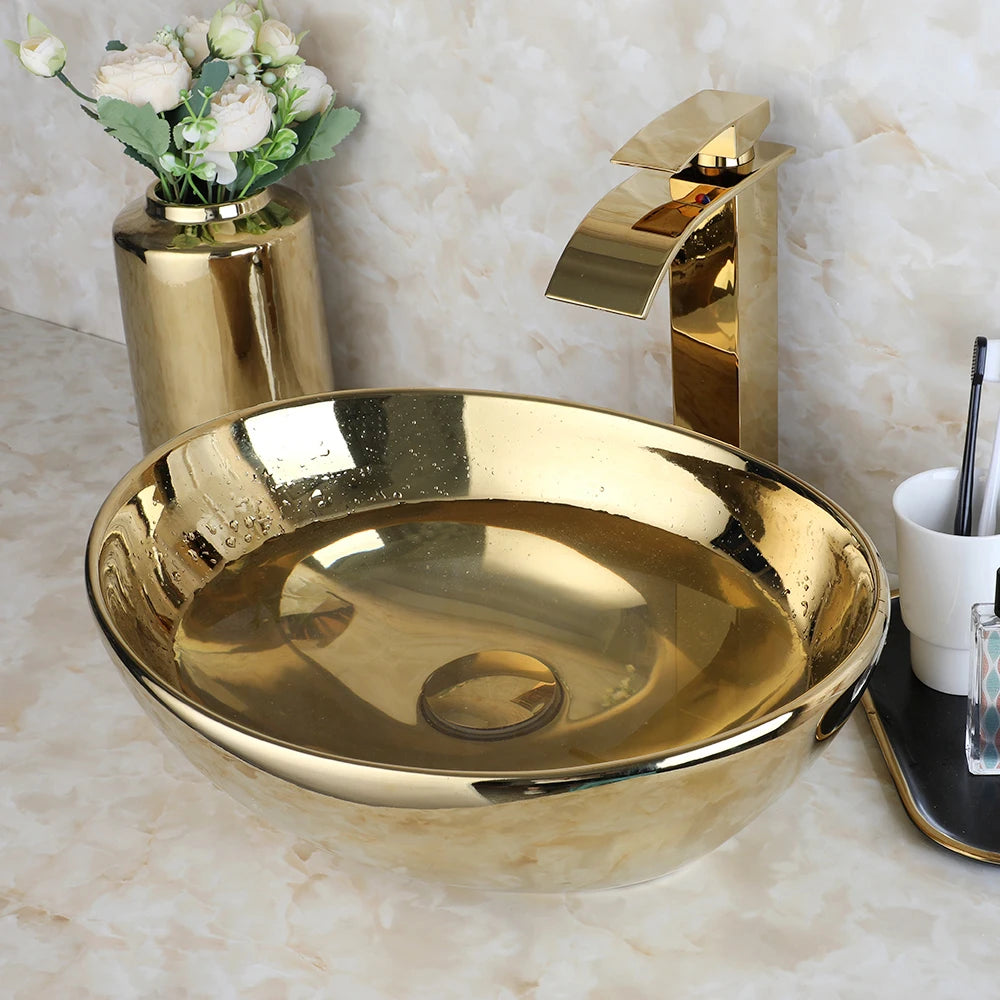 Kemaidi Bathroom Vessel Sink Luxury Shiny Gold Ceramic