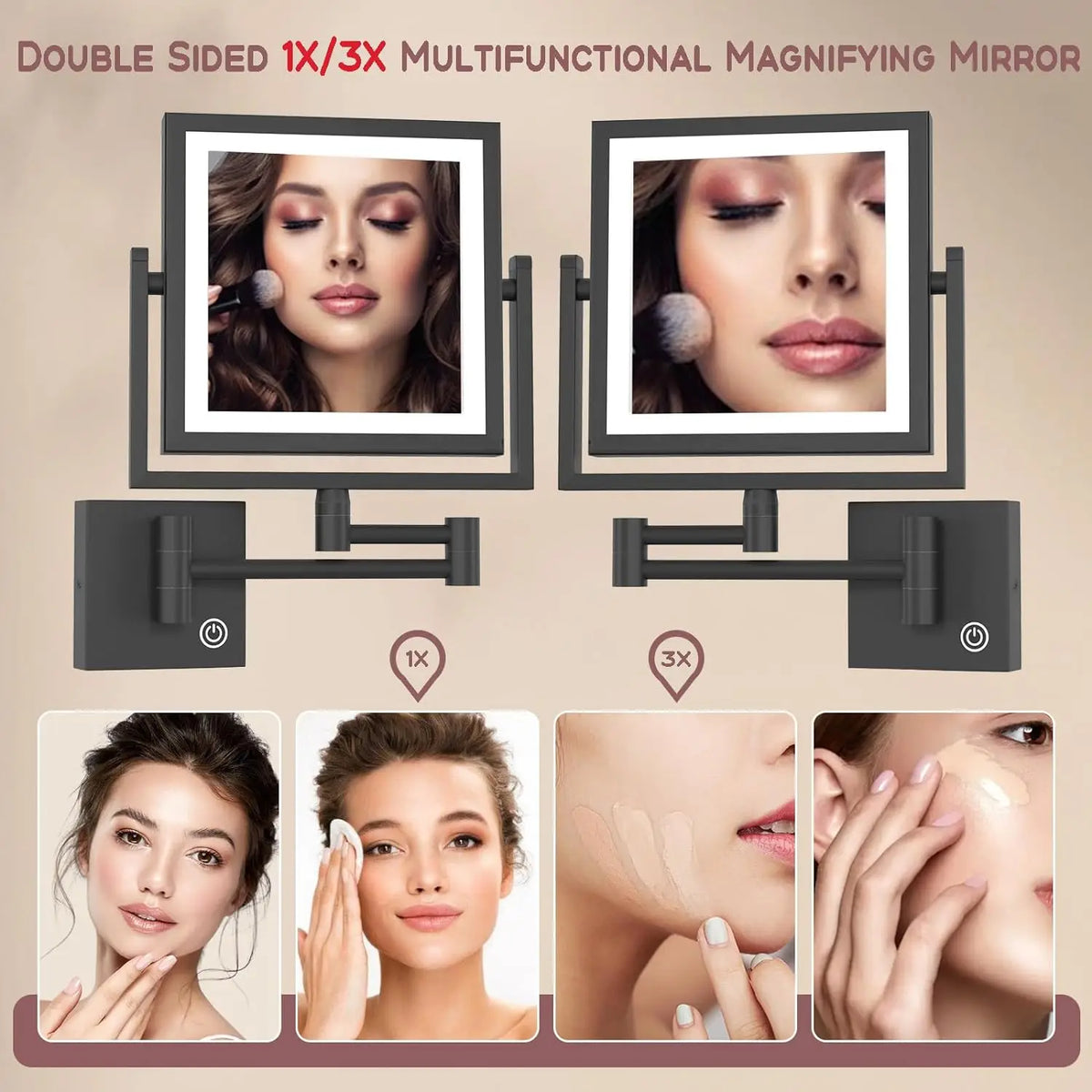 Square Touch Led Folding Bathroom Mirror 3x Magnifying