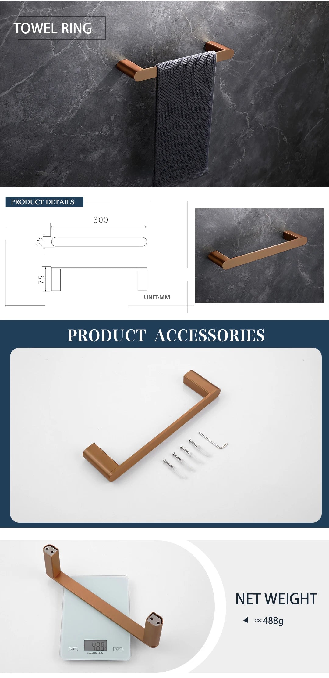Brushed Rose Gold Toilet Paper Holder Towel Bar