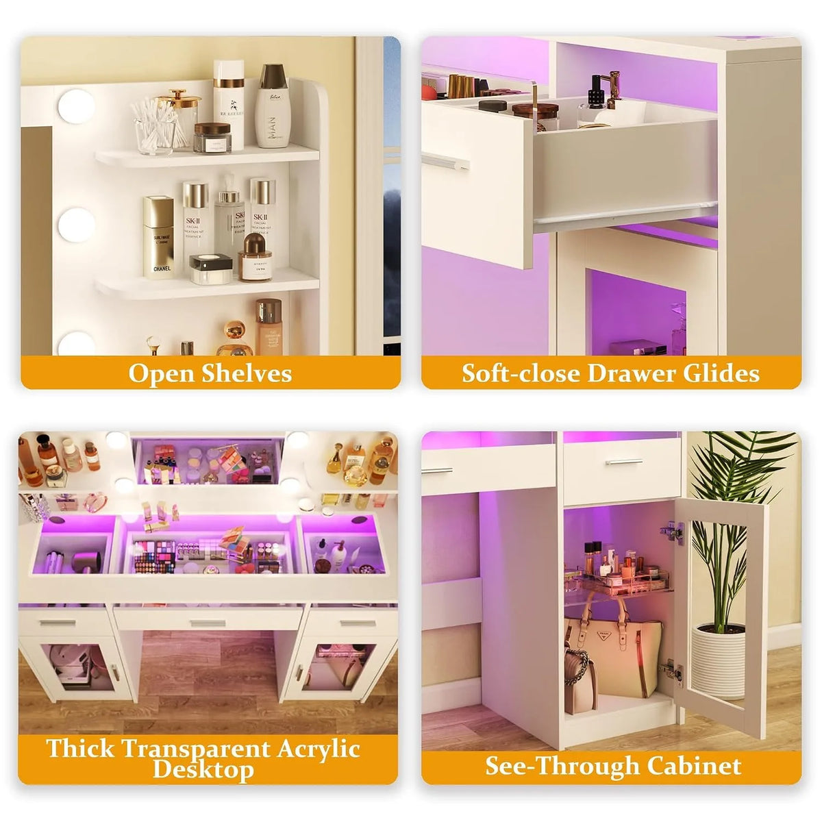 Vanity Desk Color Lighted Mirror Transparent Top Rgb