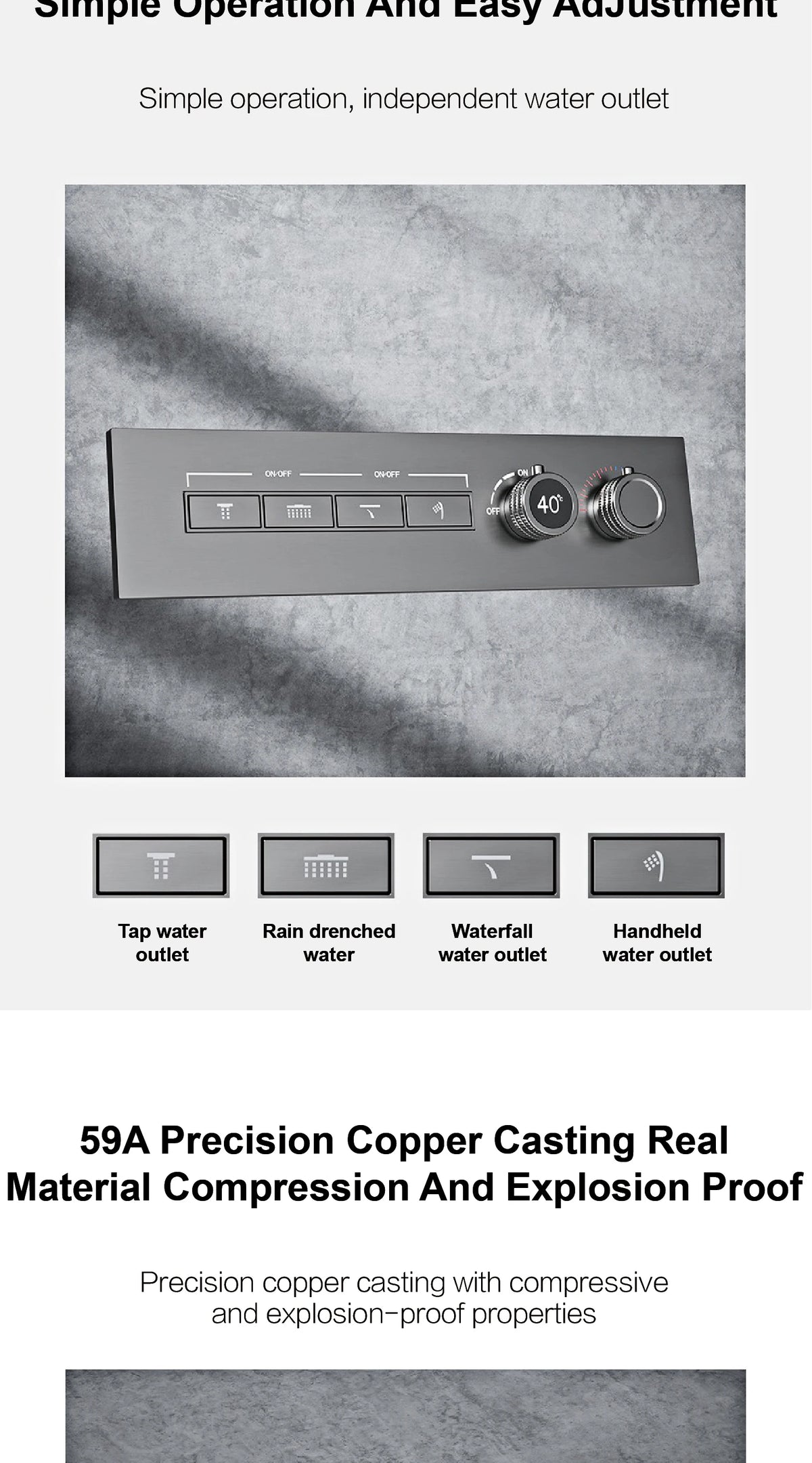 Luxury Gun Grey Brass Thermostatic Shower System Ceiling-Embedded