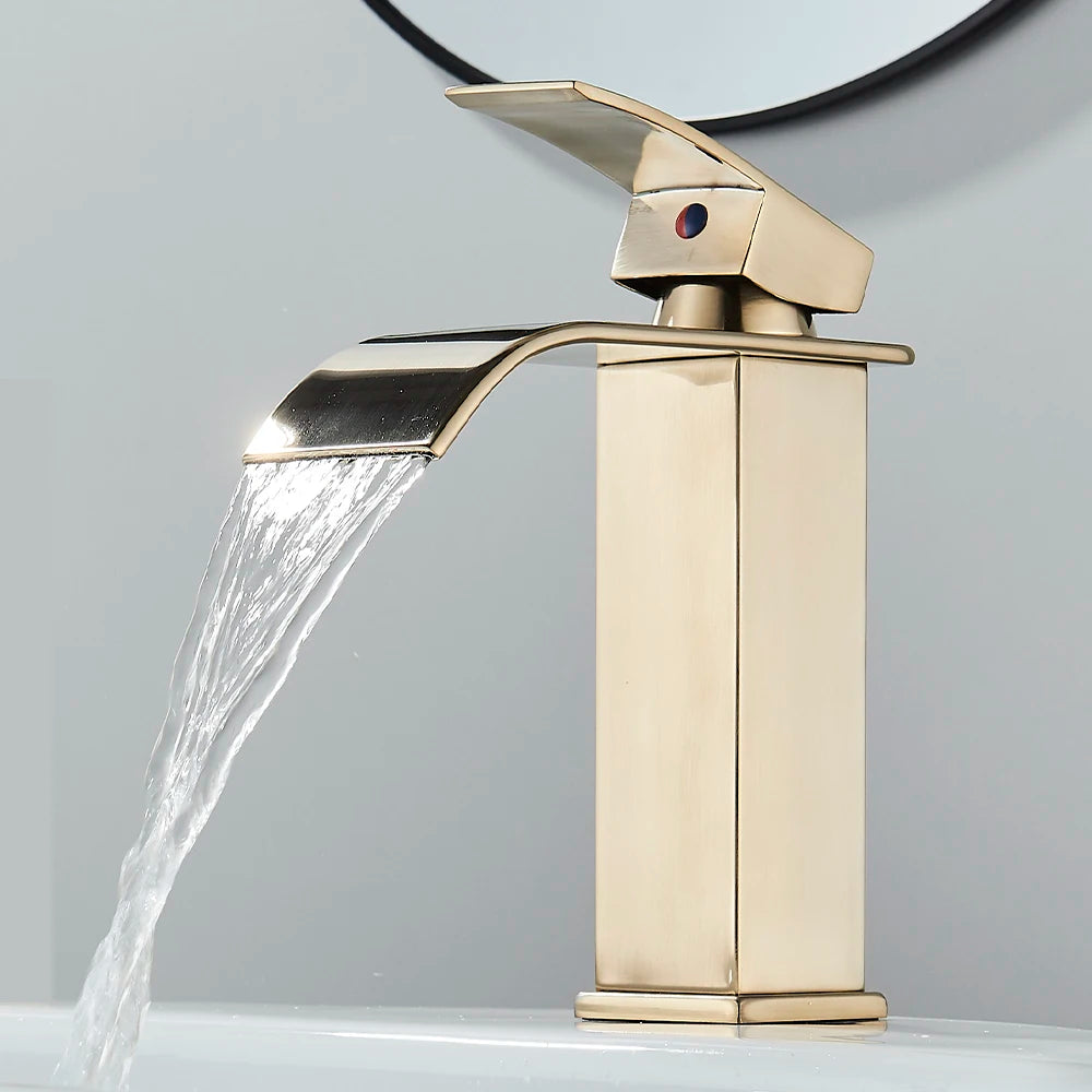 Brushed Gold Basin Sink Faucet Waterfall Outlet Vanity