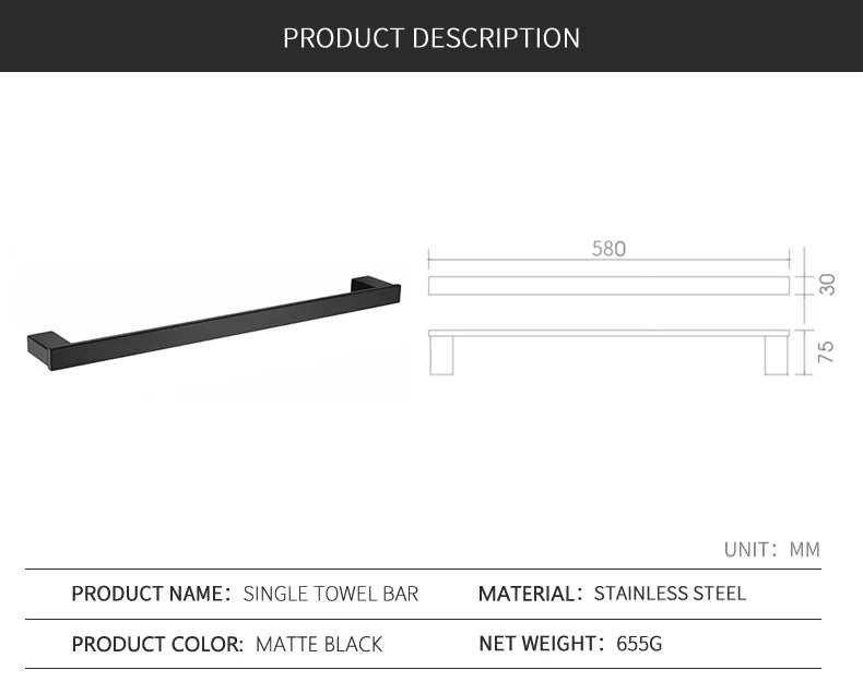 Matte Black Bathroom Hardware Towel Rack Shelf Hook