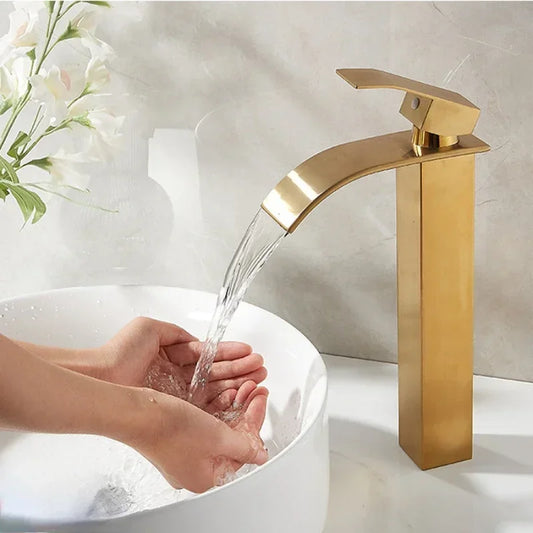 Flat Mouth Waterfall Faucet Bathroom Brushed Gold Water