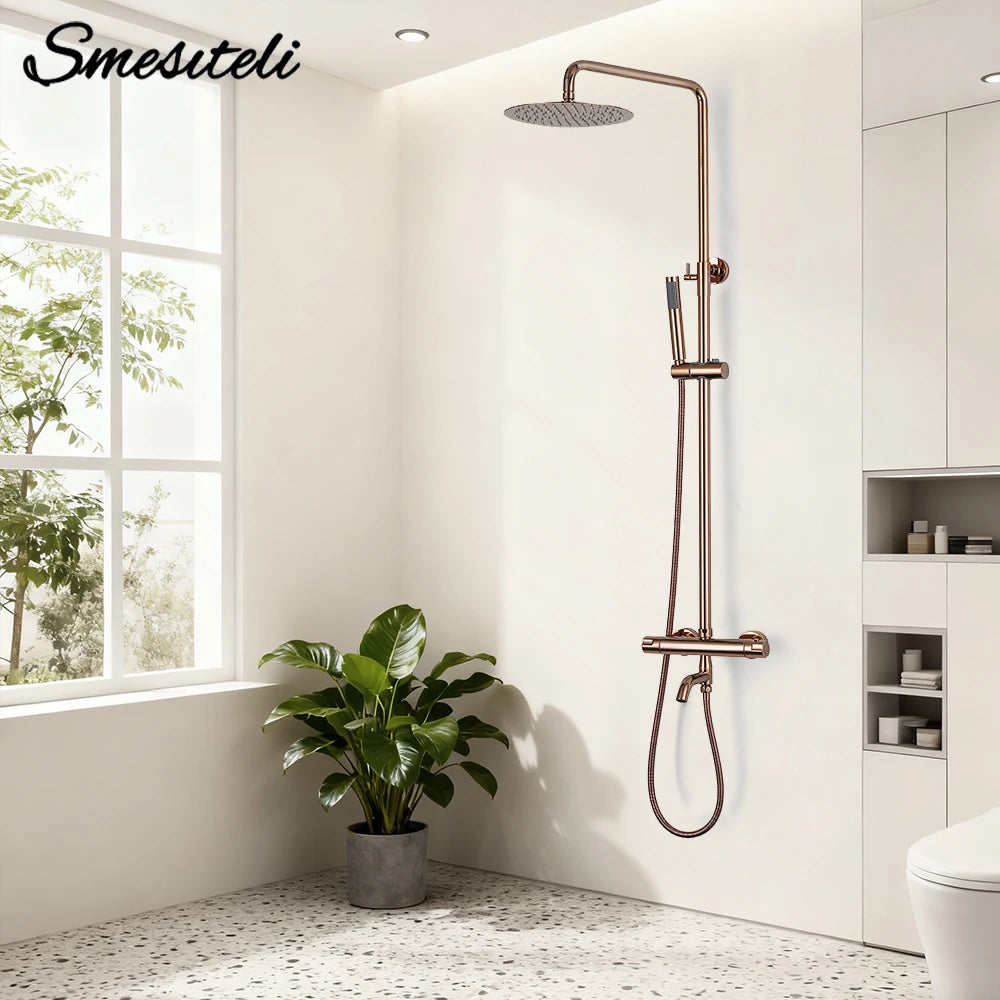 Brushed Rose Gold Thermostatic Exposed Shower System Rainfall
