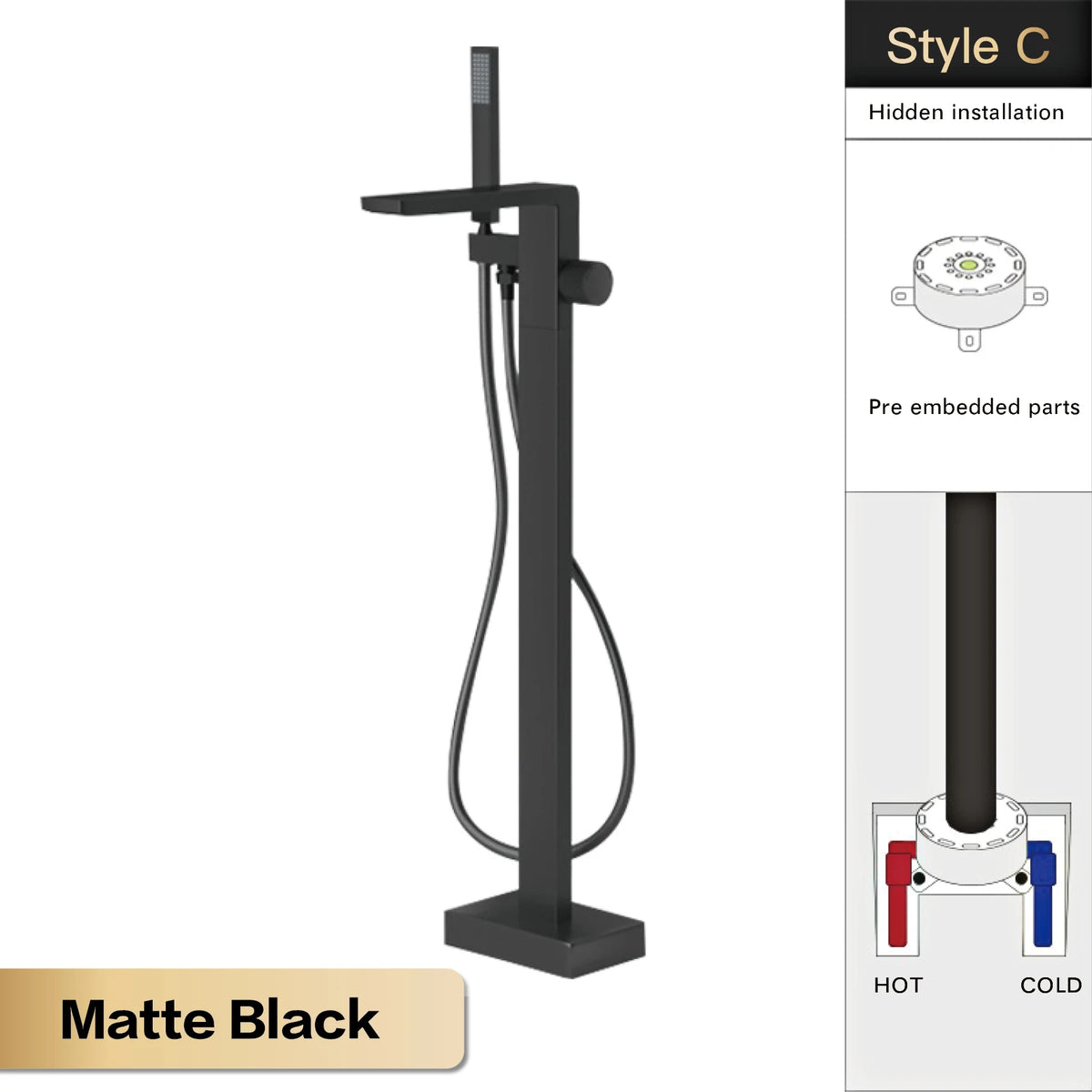 Luxury Black Brass Bathroom Faucet Floor Standing Design