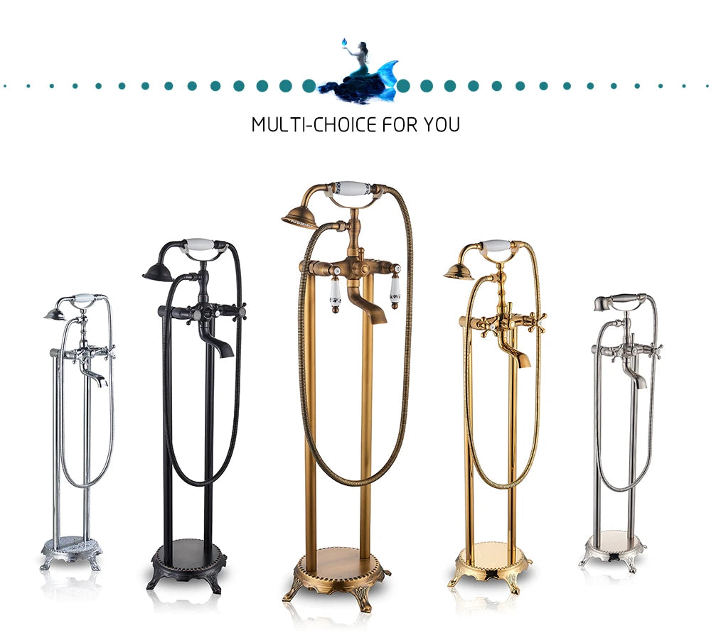Antique Brass Floor Mounted Bathtub Shower Faucet Dual