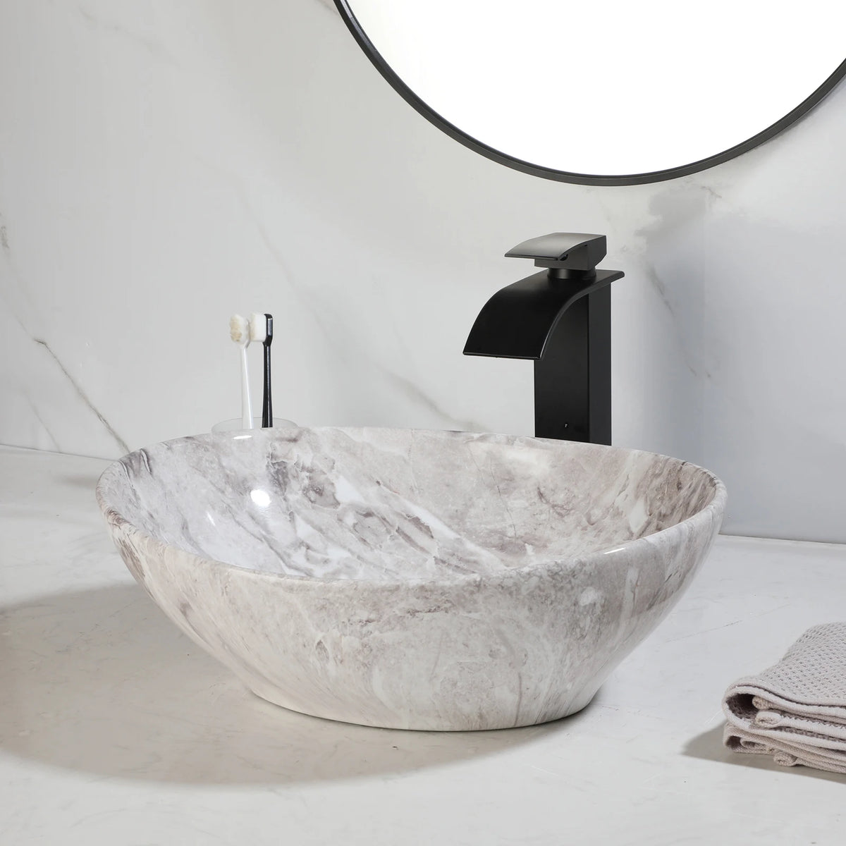 Kemaidi Oval Vessel Sink Faucet White Marbling Bathroom