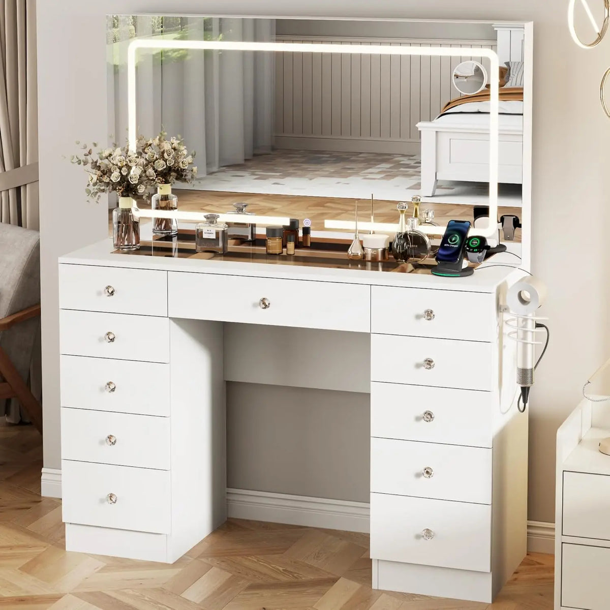 White Vanity Desk Mirror & Led Lights Modes