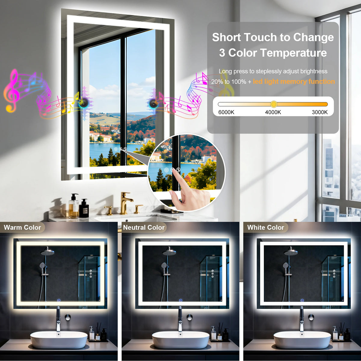 Led Bathroom Mirror Tempered Glass Mirror Bluetooth Colors