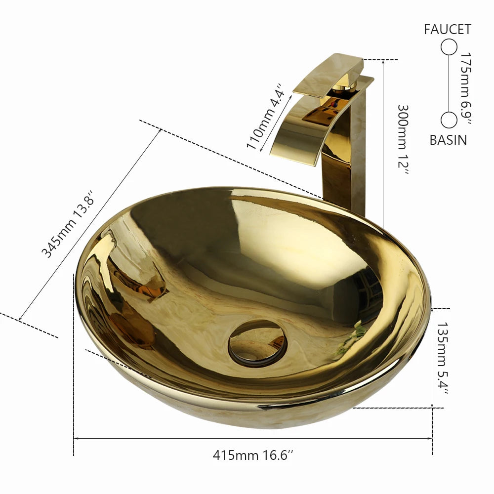 Kemaidi Bathroom Vessel Sink Luxury Shiny Gold Ceramic