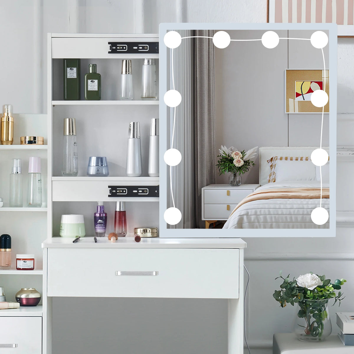 Led Vanity Table Sliding Mirror White Makeup Desk