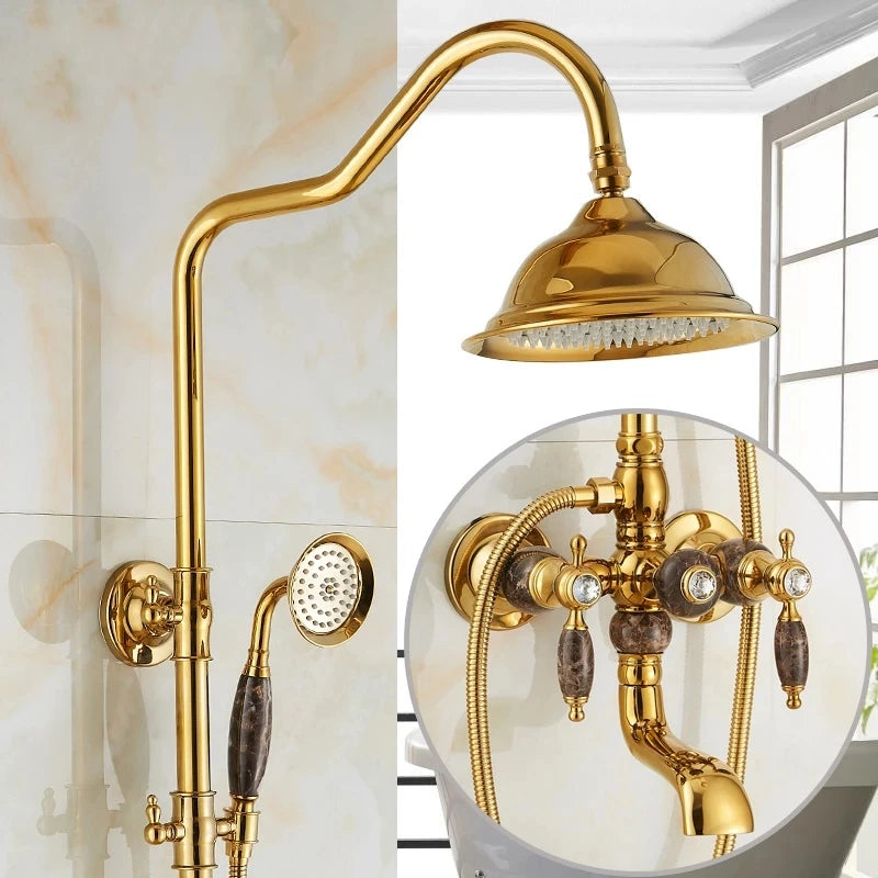 Brass Jade Shower Faucet Wall Mount Rose Gold
