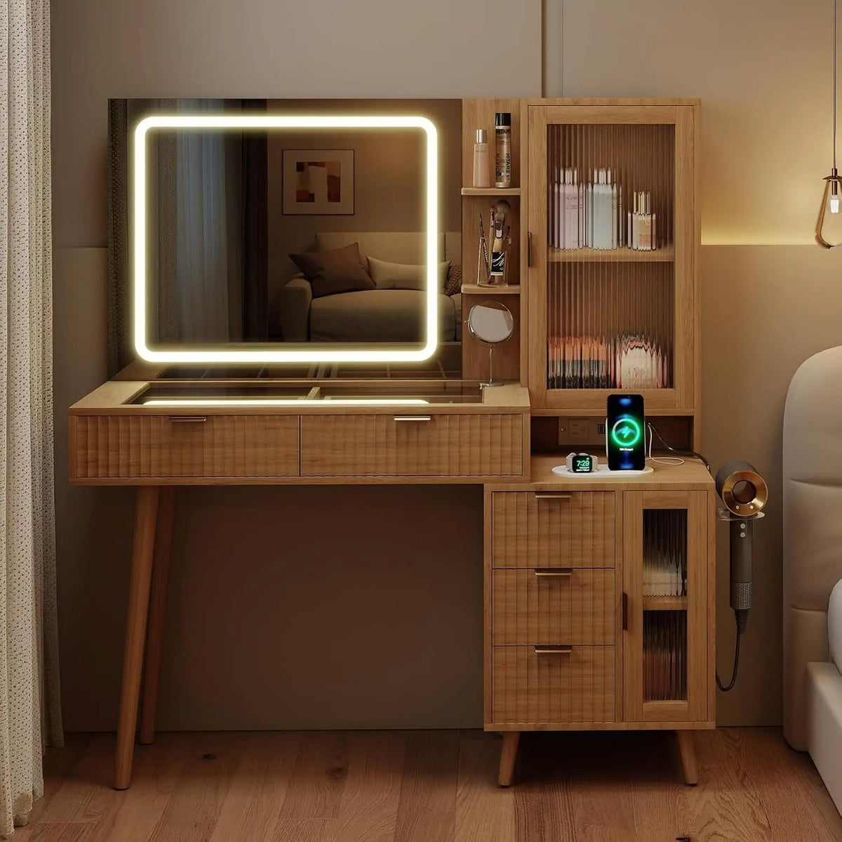 Fluted Boho Vanity Desk Led Mirror Glass Top