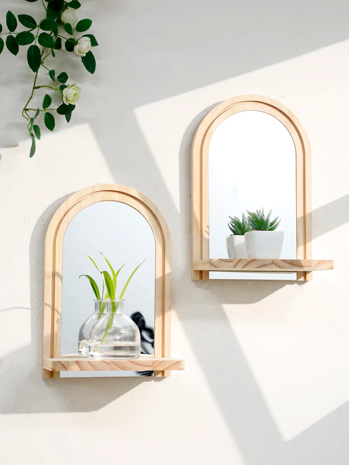 Arched Wall Mirror Shelf Natural Wood Hanging Mirror