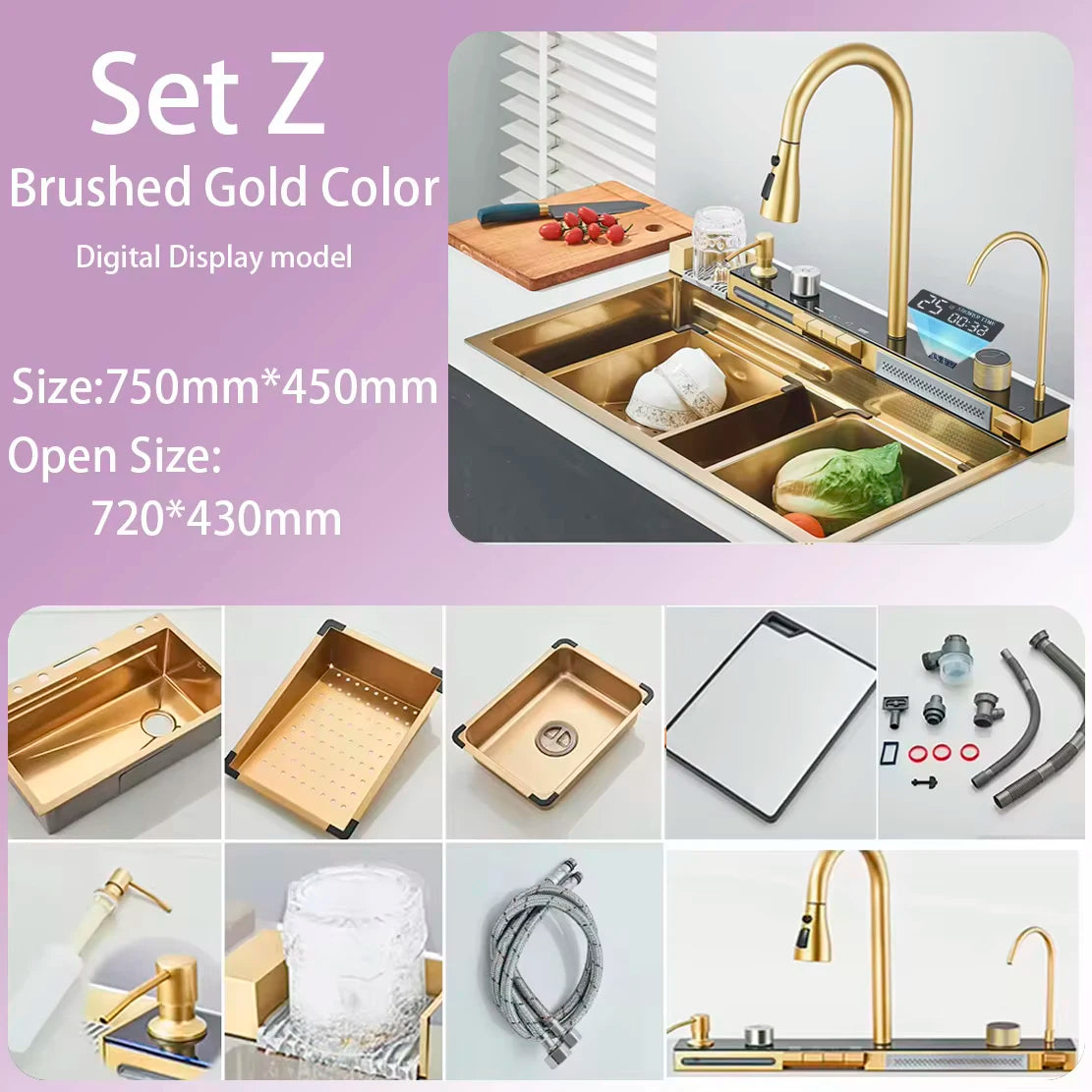 Stainless Steel Waterfall Sink Digital Display Large Sink