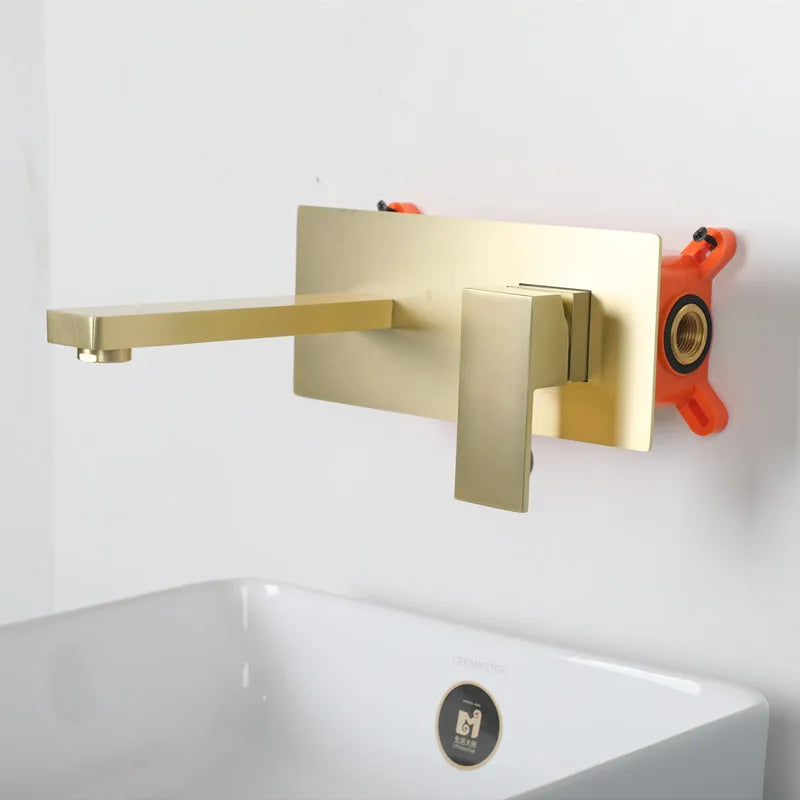 Modern Brass Wall Mount Bathroom Basin Faucet Hidden