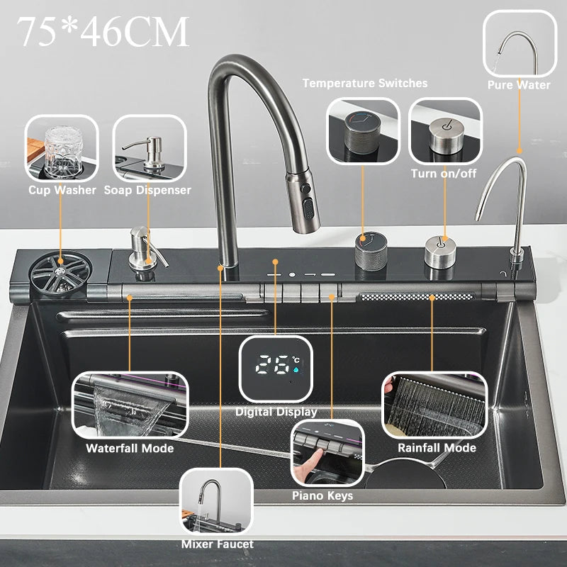 Shinesia Stainless Steel Waterfall Sink Digital Display Large
