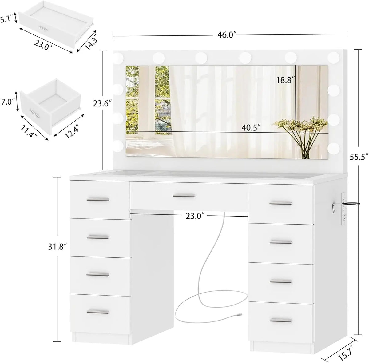 46 Vanity Desk Glass Top & Lights Mirror