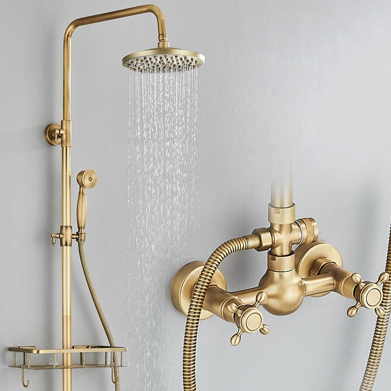 Antique Brass Wall Mounted Bathtub Shower Faucet Dual