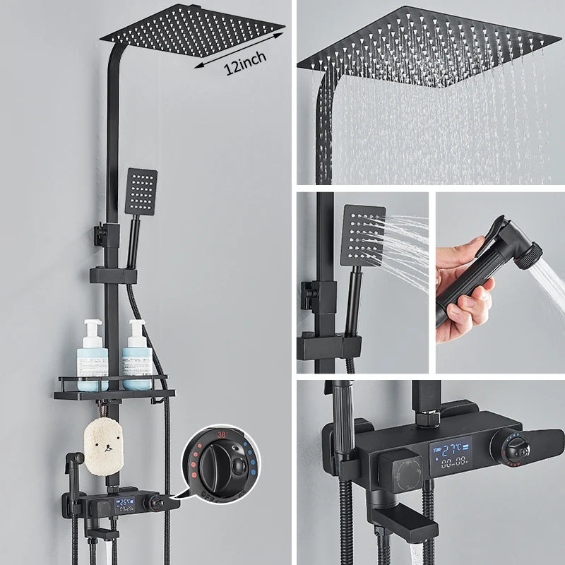 Black Digital Display Thermostatic Shower Faucets Rainfall Shower