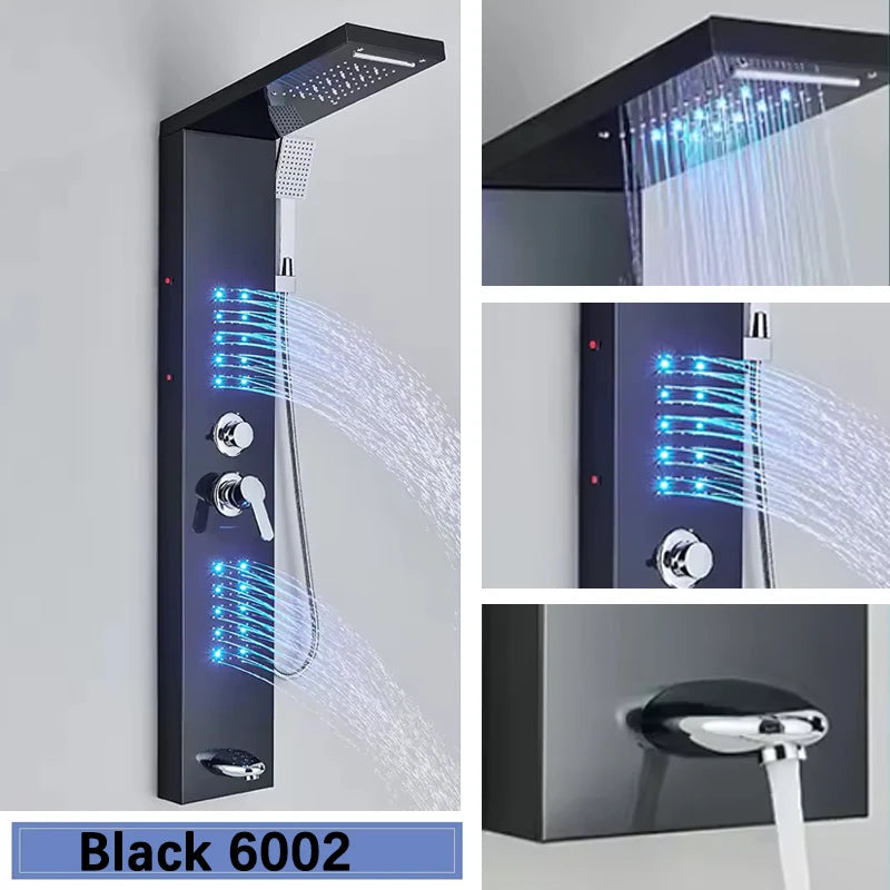 Black Led Shower Panel Tower System Rain Waterfall