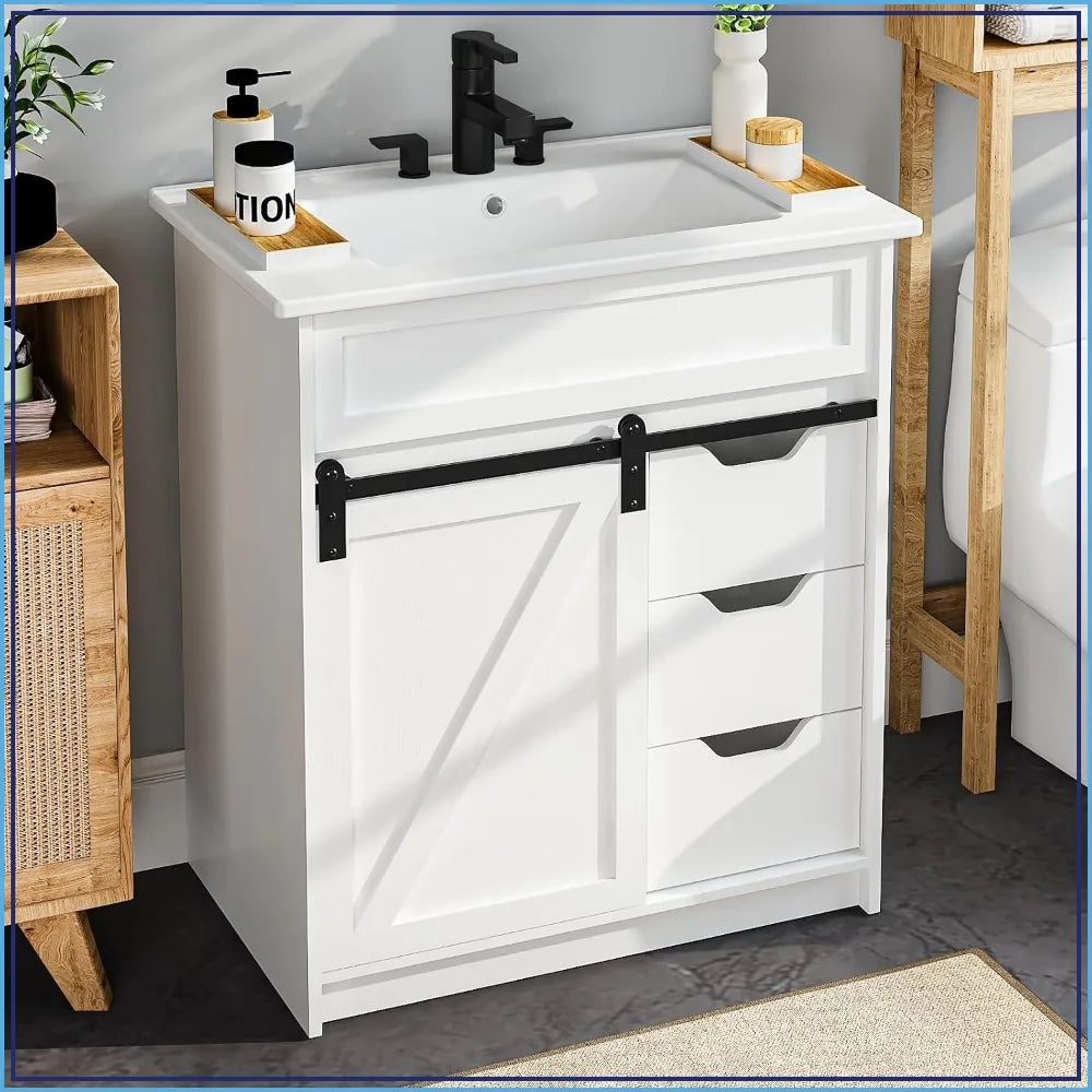30 Bathroom Vanity Sink Farmhouse Cabinet White Sliding