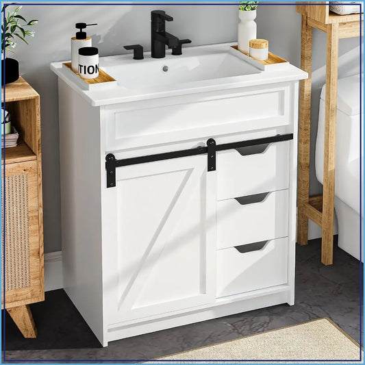 30 Bathroom Vanity Sink Farmhouse Cabinet White Sliding