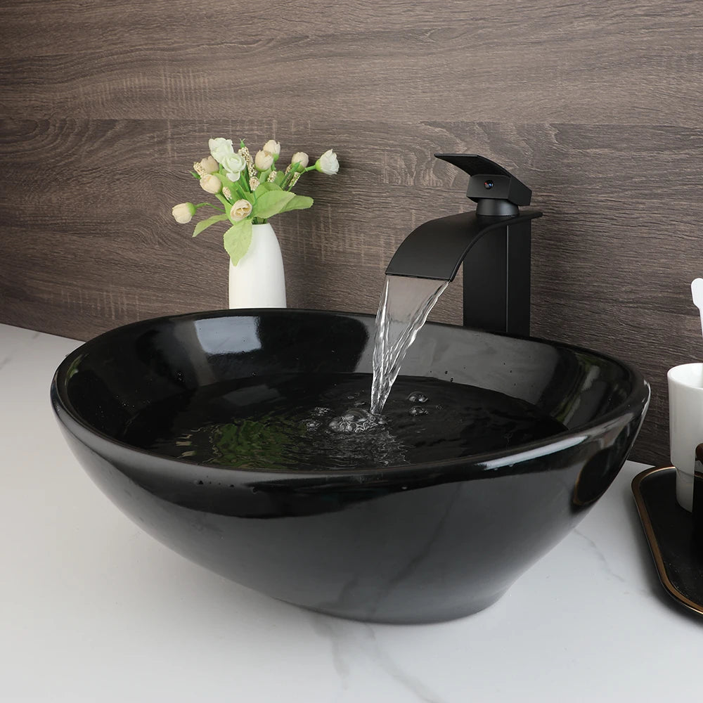 Kemaidi Oval Vessel Sink Faucet White Marbling Bathroom