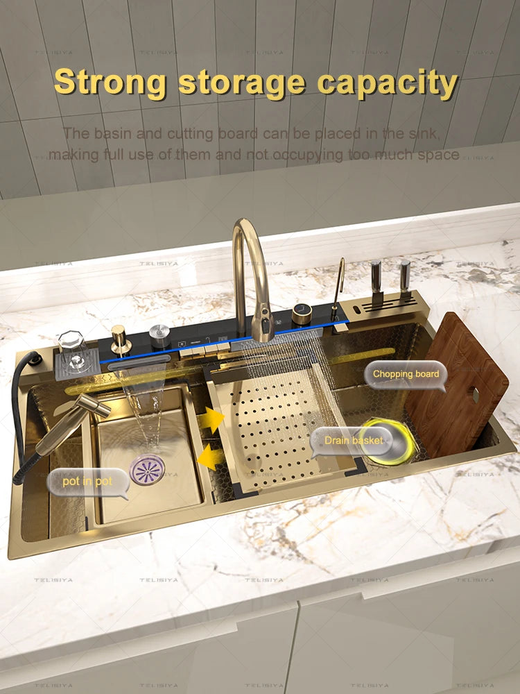 Stainless Steel Sink Digital Display Waterfall Large Slot