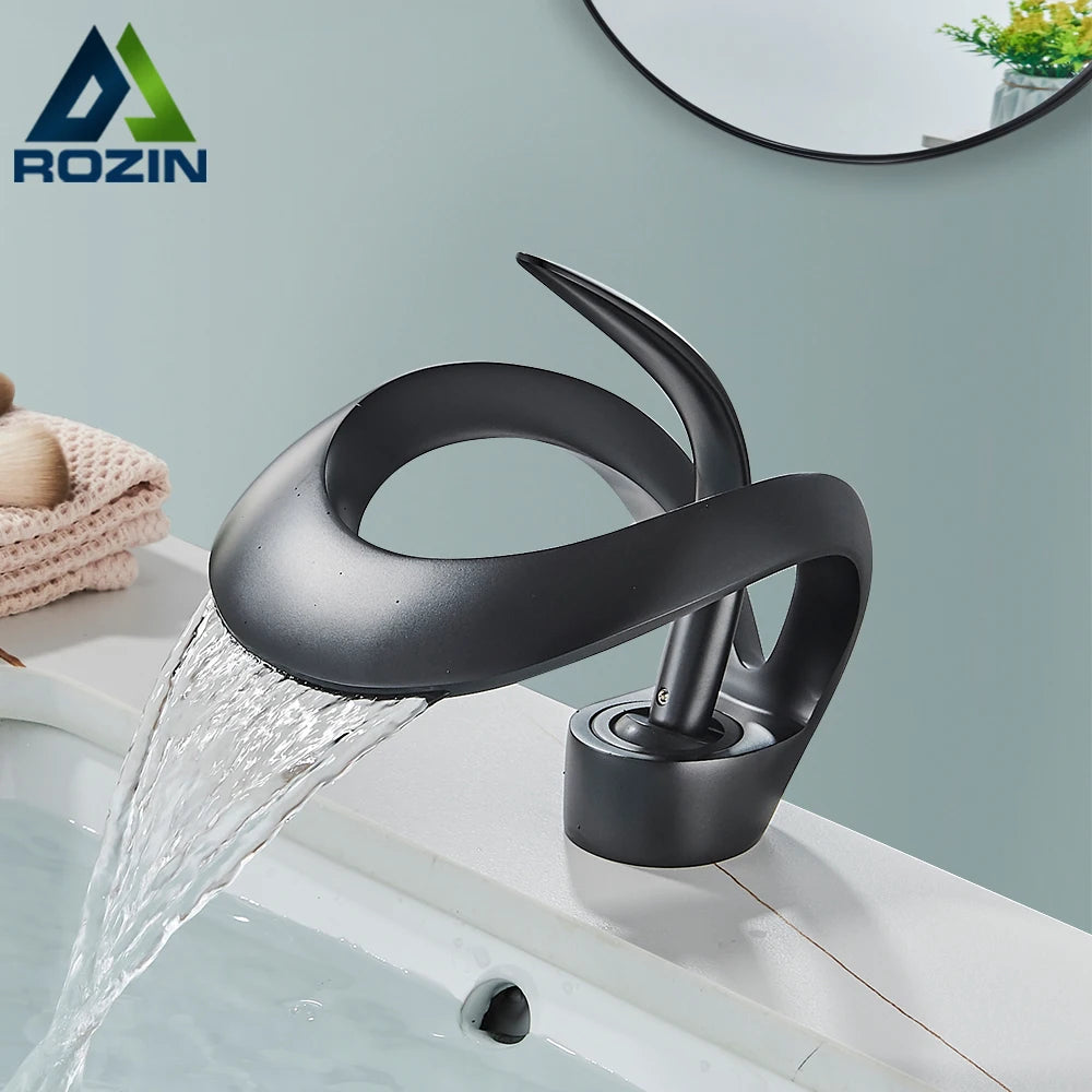 Rozin Luxury Black Basin Faucet Grey Bathroom Waterfall