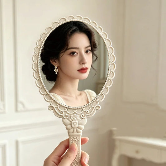 Handheld Makeup Mirror High Definition Beige Frame Mirror