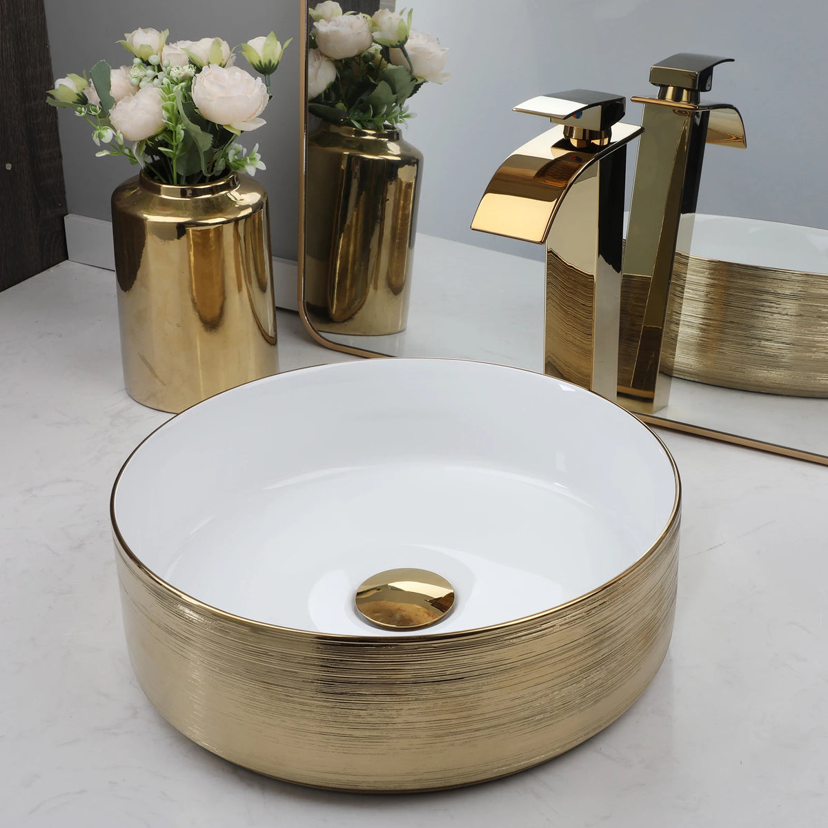 Kemaidi 14 Gold Round Vessel Sink Faucet Ceramic