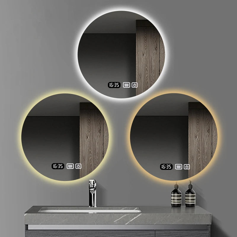 Round Smart Bathroom Mirror Wall-Mounted Led Light Touch